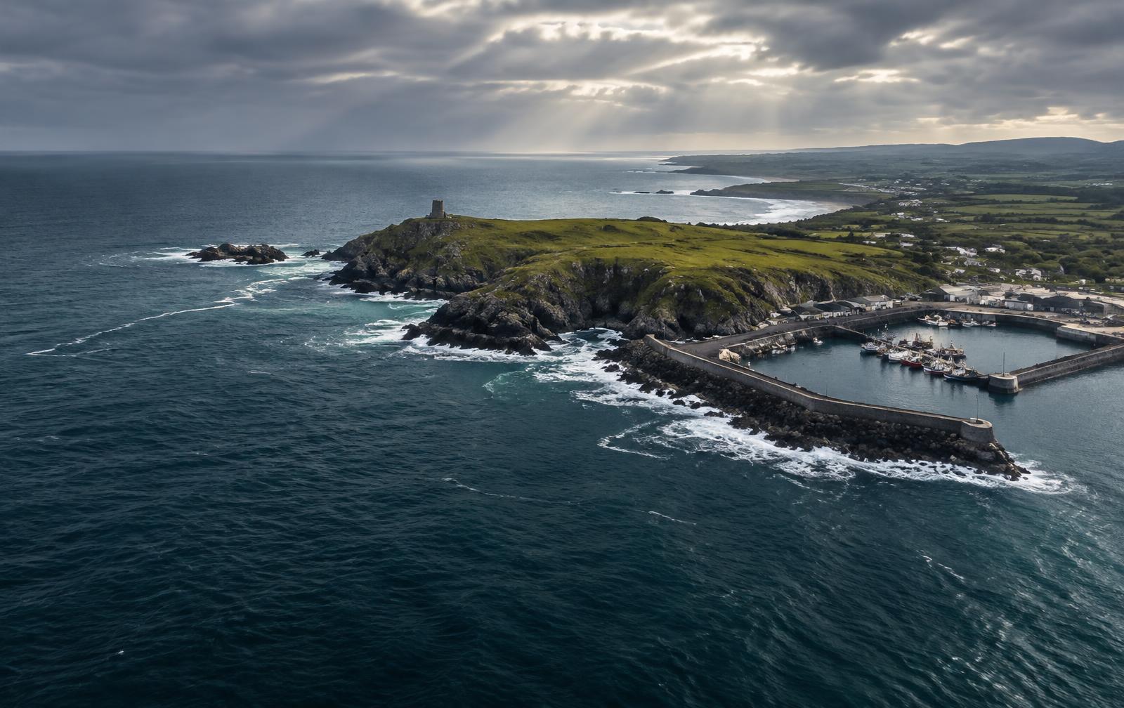 Aerial view of an Irish Atlantic harbour and coastline